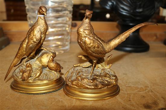 After Jules Moigniez (1835-1894). A pair of gilt bronze pheasants, height 5.5in.